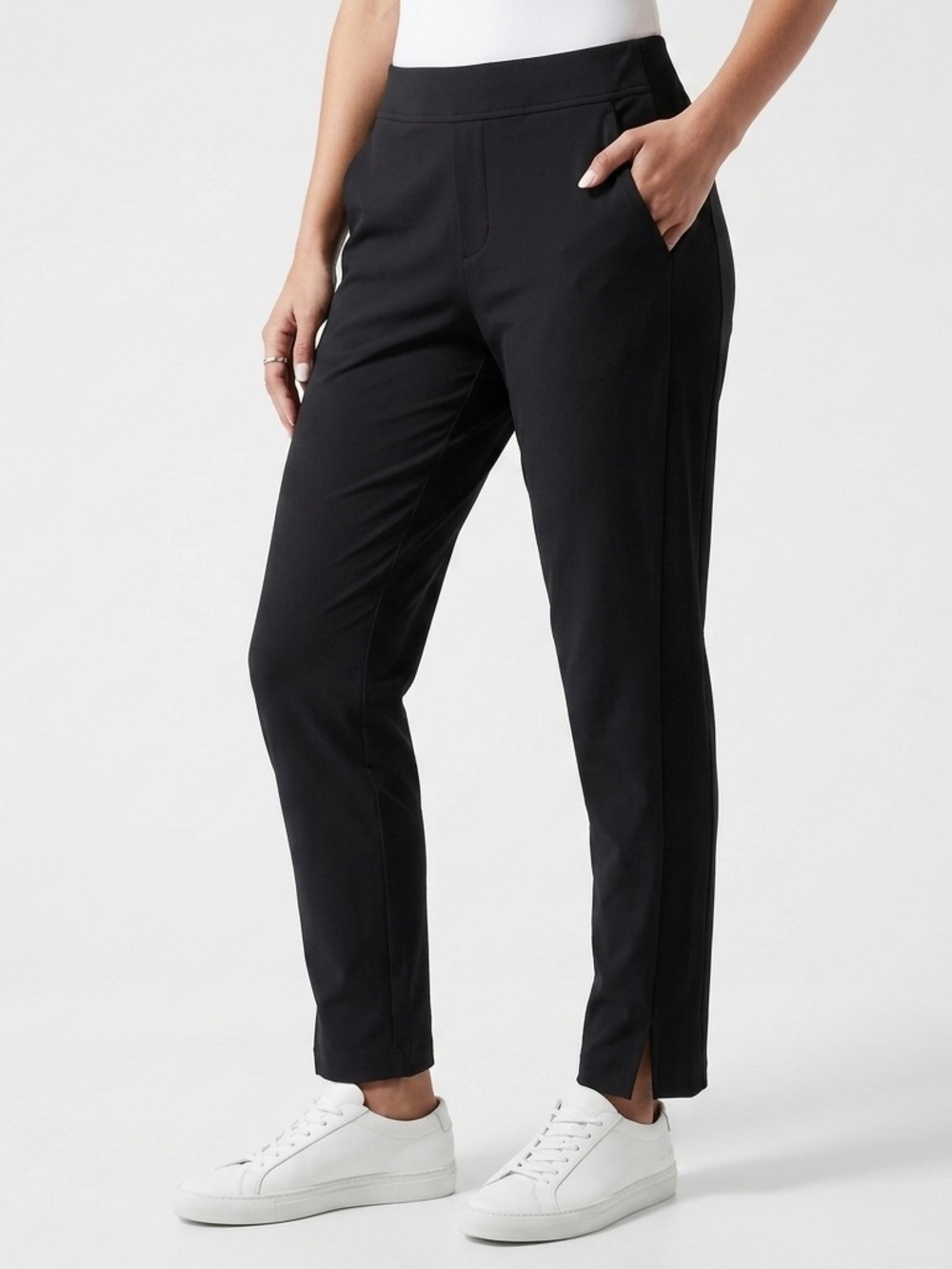 Athleta Brooklyn Ankle Pant Black Ribbed Side Panel Pull On Size 12